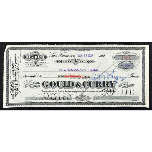 Gould & Curry Mining Company San Francisco 1927 Stock Certificate #4959 VGC