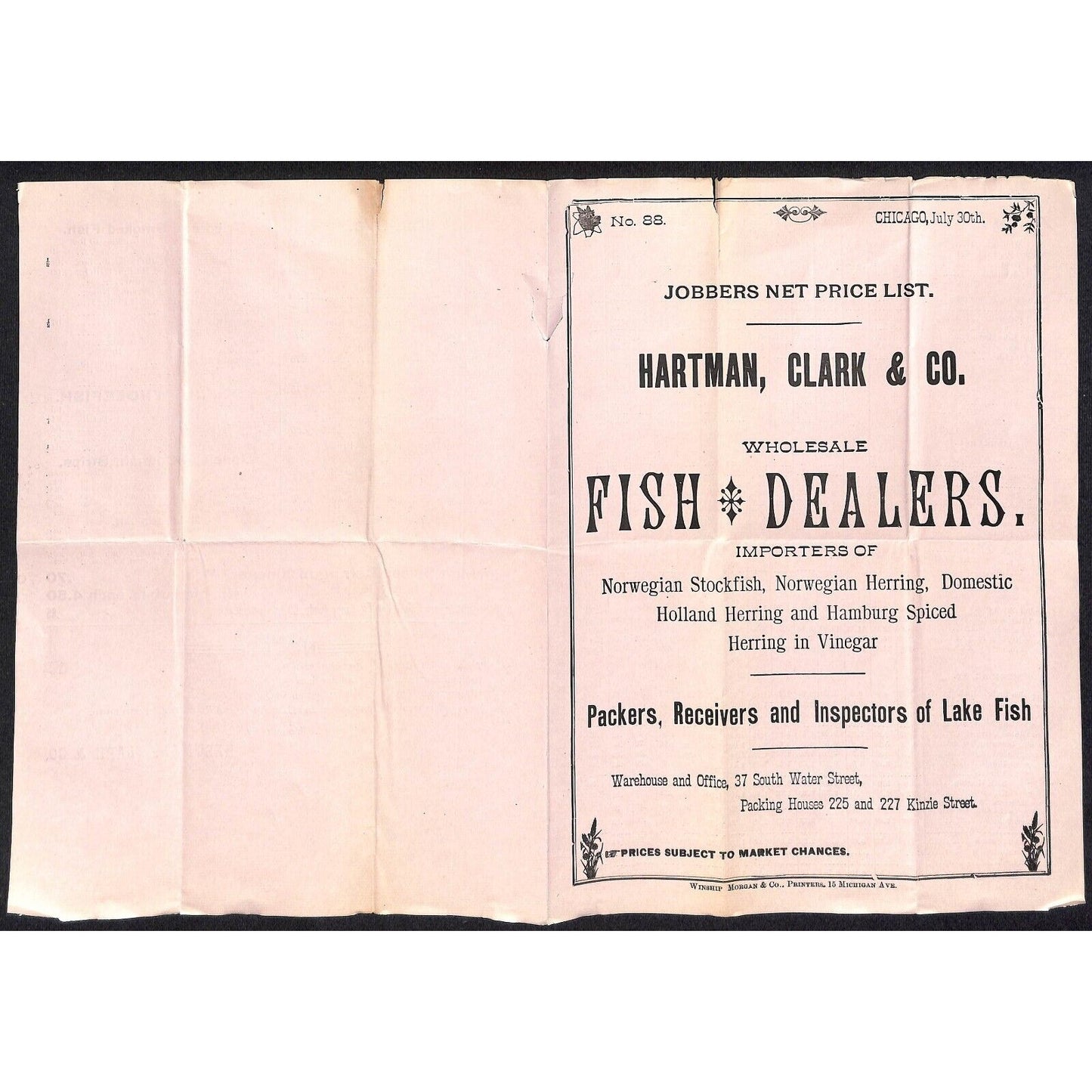 Hartman, Clark & Co. Chicago c1886 "Fish Dealers" Price Sheet Scarce
