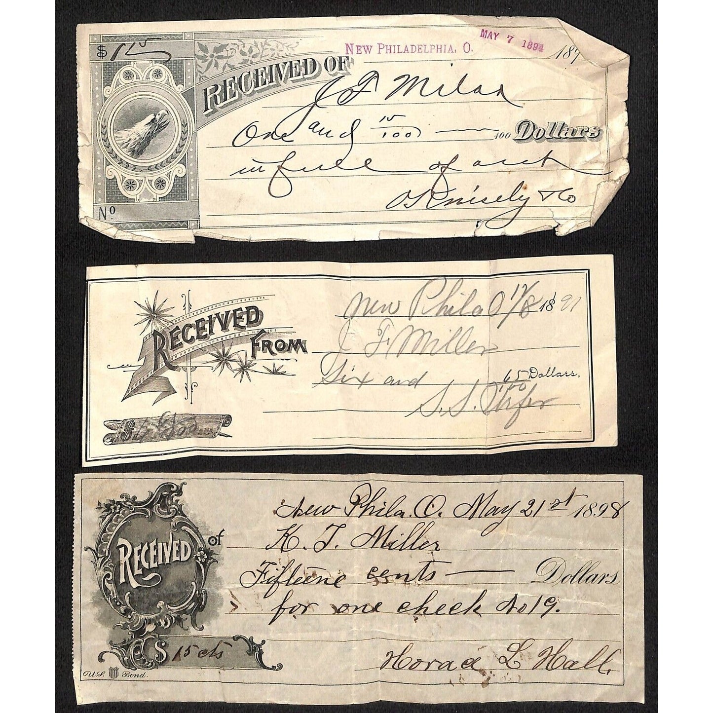 Jacob Miller New Philadelphia, OH Group of 3 1890's Receipts