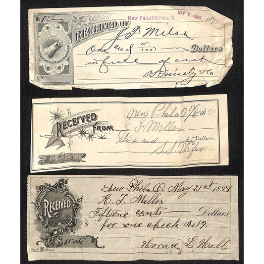 Jacob Miller New Philadelphia, OH Group of 3 1890's Receipts