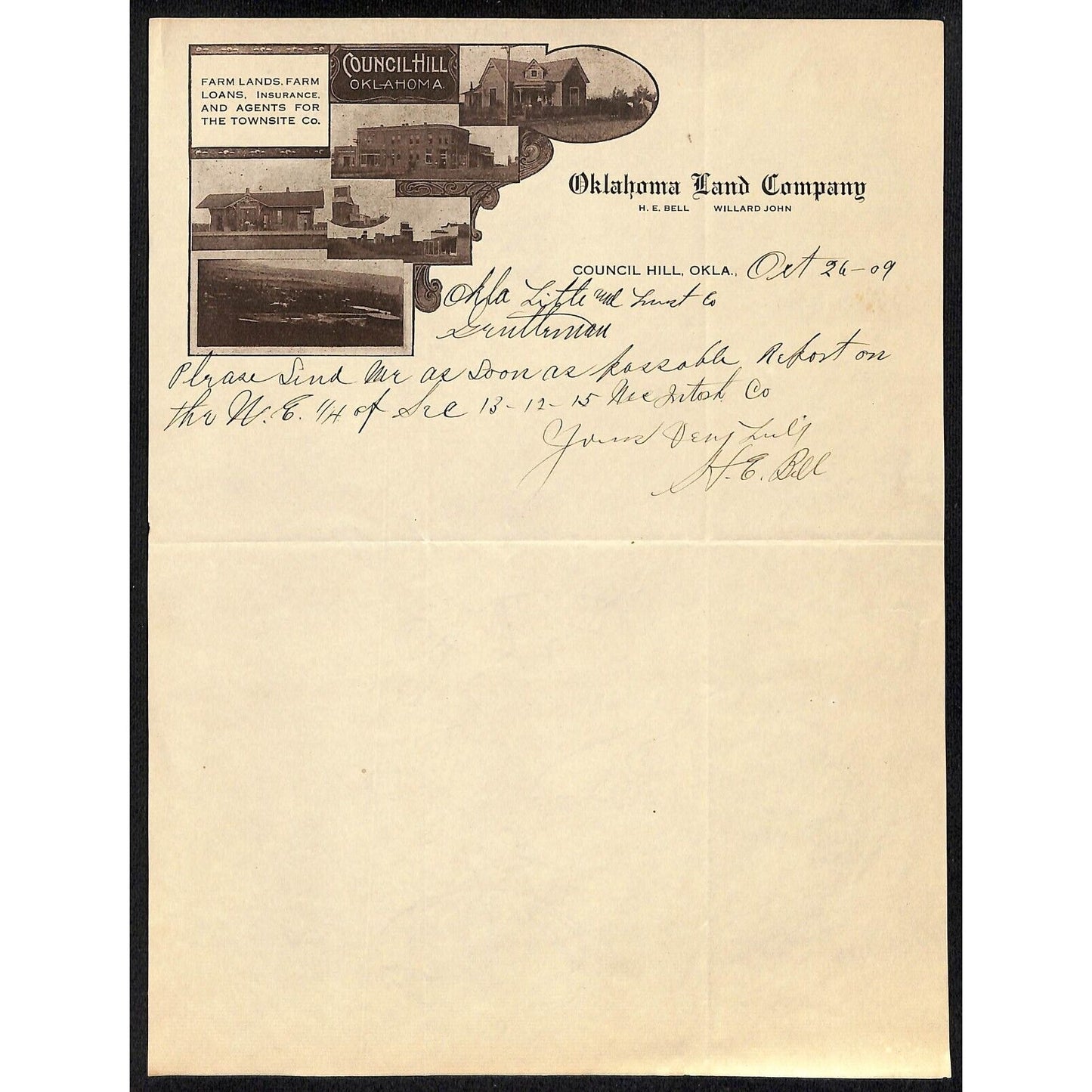 1909 Oklahoma Land Company Council Hill, OK Letterhead w/ Real Photo Images
