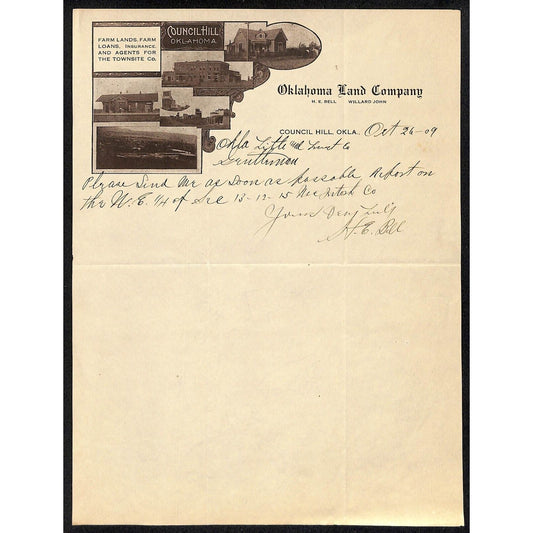 1909 Oklahoma Land Company Council Hill, OK Letterhead w/ Real Photo Images