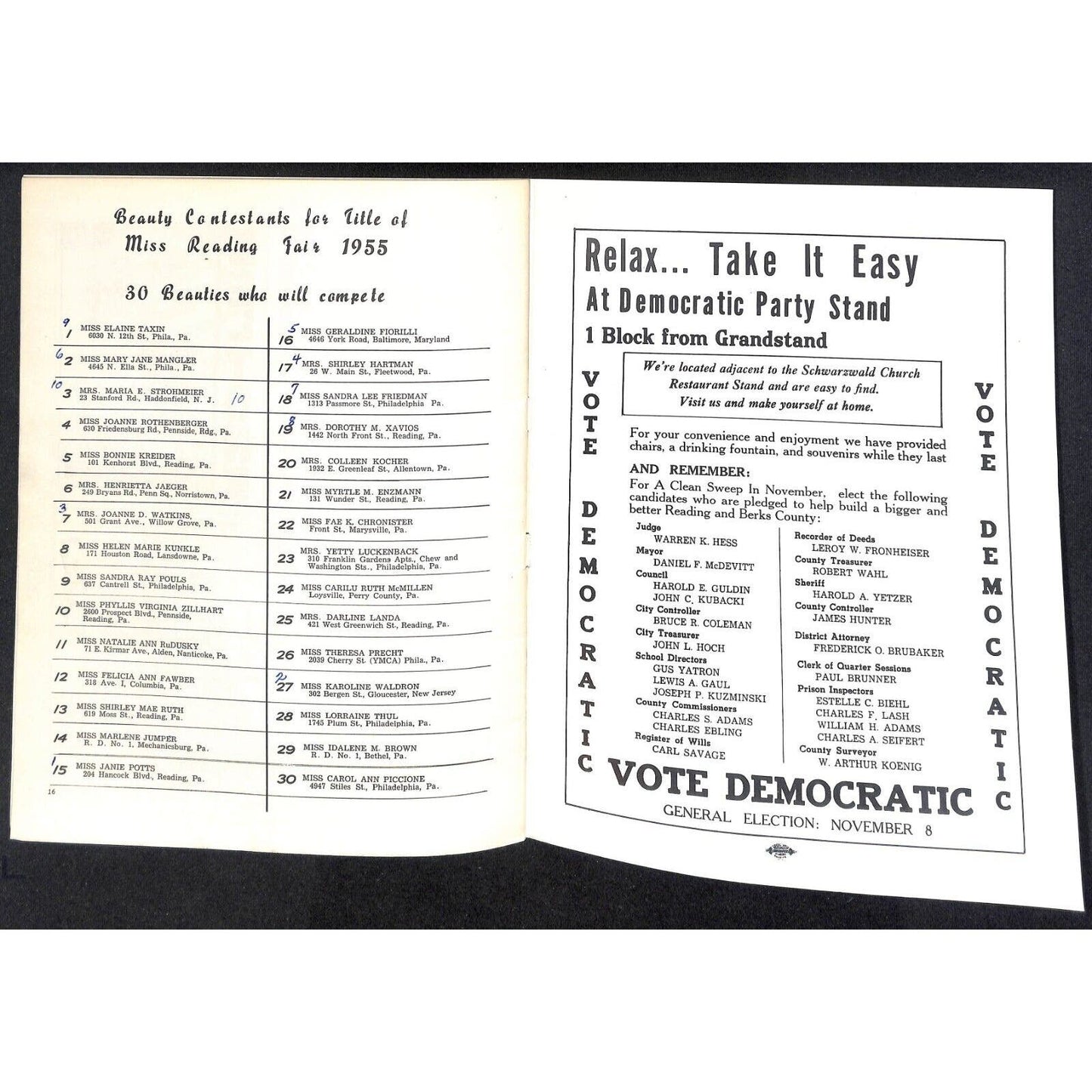 Reading Fair 1955 Program "Miss Reading Fair" Girls & Sunday Racing 16pp* VGC