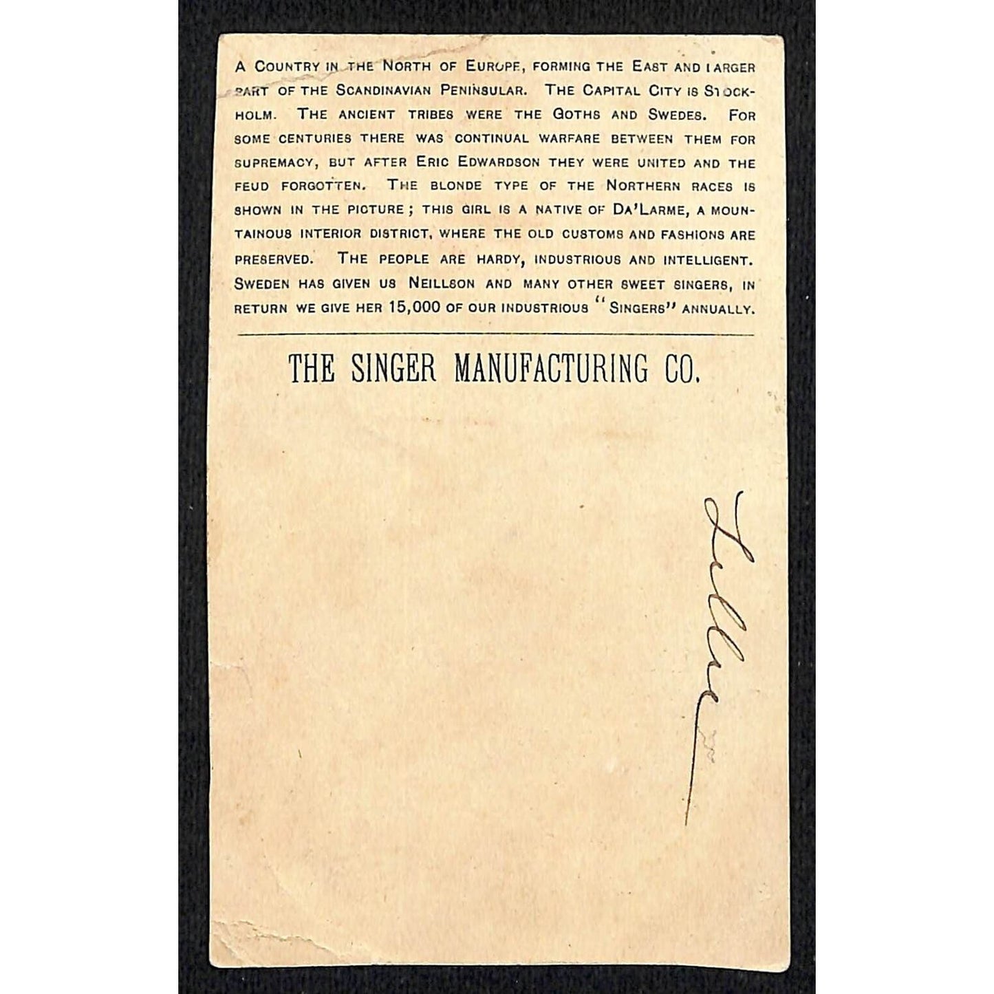 "Sweden (Dararne)" Singer Sewing Machine 1892 Victorian Trade Card