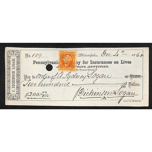 1868 Pennsylvania Company for Insurances on Lives w/ Rev #189 $200
