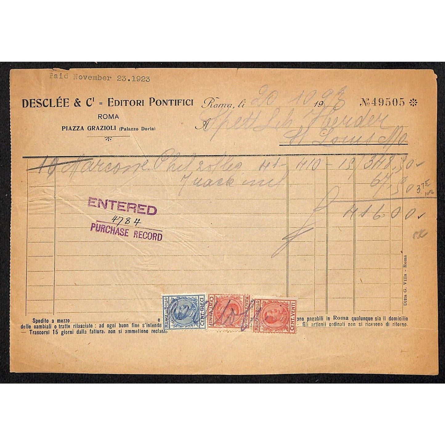 Desclée & Compagnie Rome Pontifical Publishers Nov. 1923 Billhead Tax Stamps