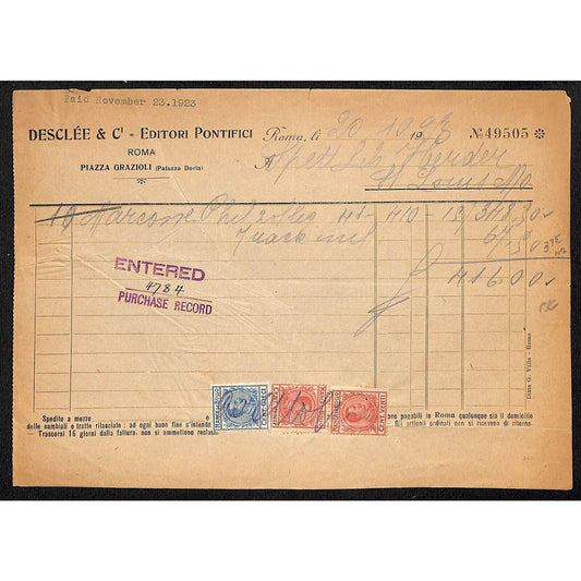 Desclée & Compagnie Rome Pontifical Publishers Nov. 1923 Billhead Tax Stamps
