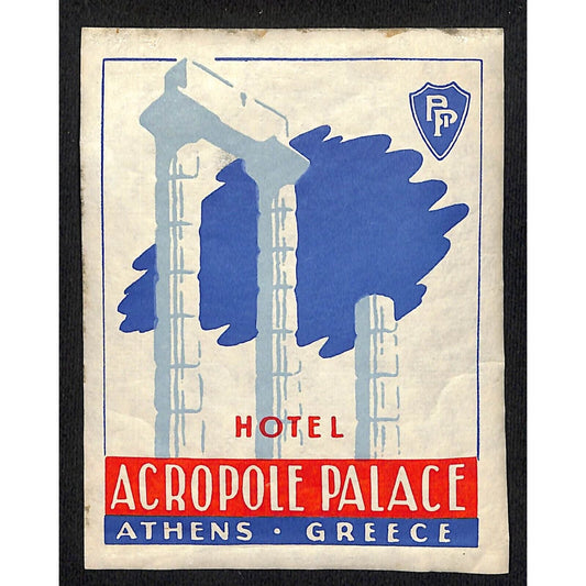 Hotel Acropole Palace Athens Greece c1955-60's Luggage Label Scarce