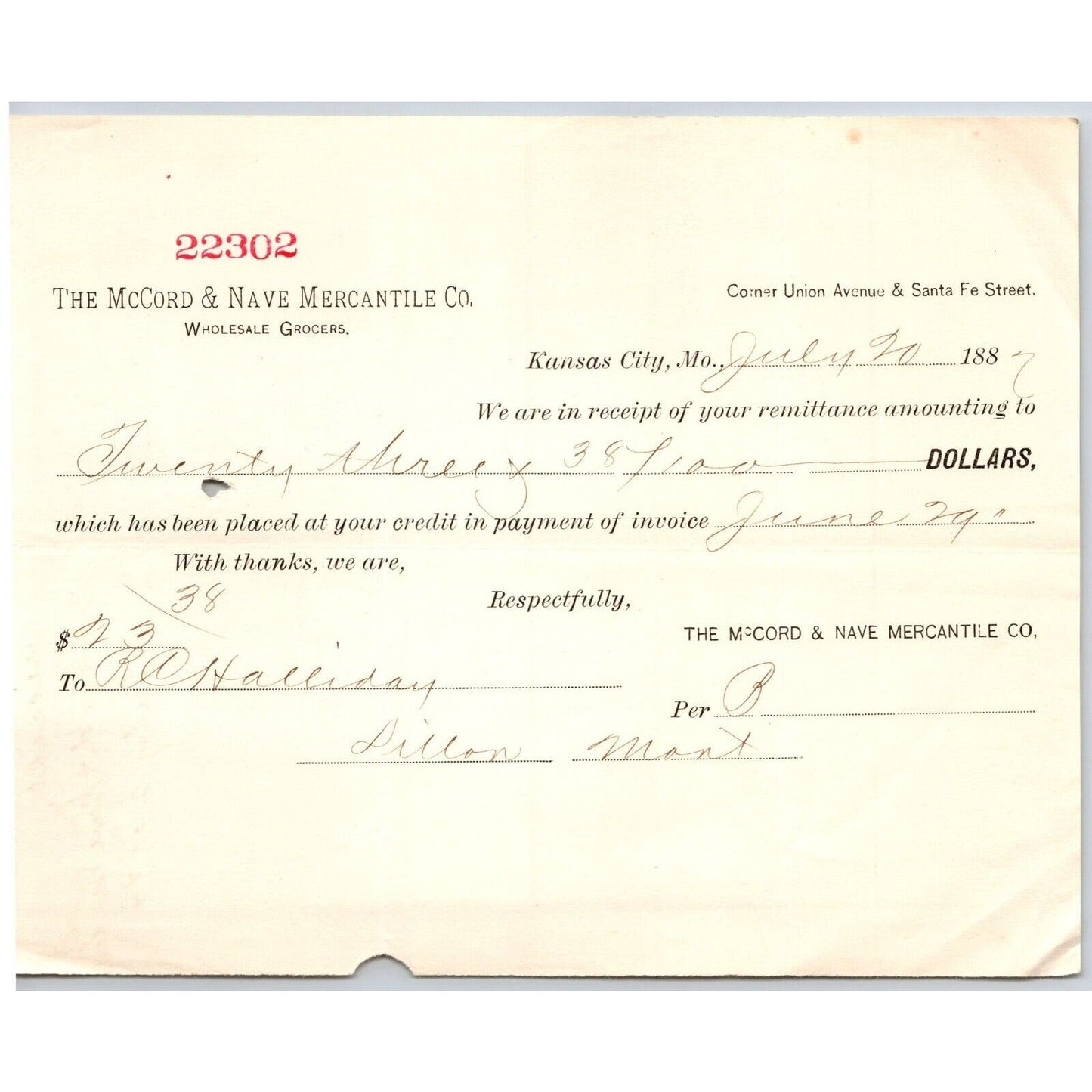 Kansas City McCord & Nave Mercantile Co. Wholesale Grocers 1887 Billhead Receipt
