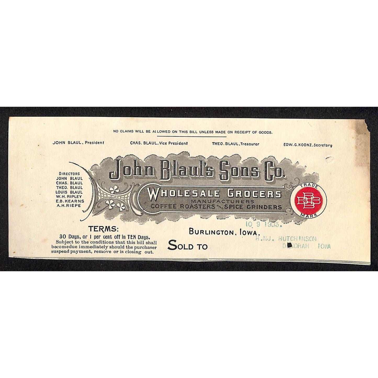John Blaul's Sons Grocers Burlington IA Hutchinson* 10/9 1903 Cut Billhead
