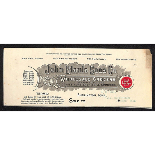 John Blaul's Sons Grocers Burlington IA Hutchinson* 10/9 1903 Cut Billhead