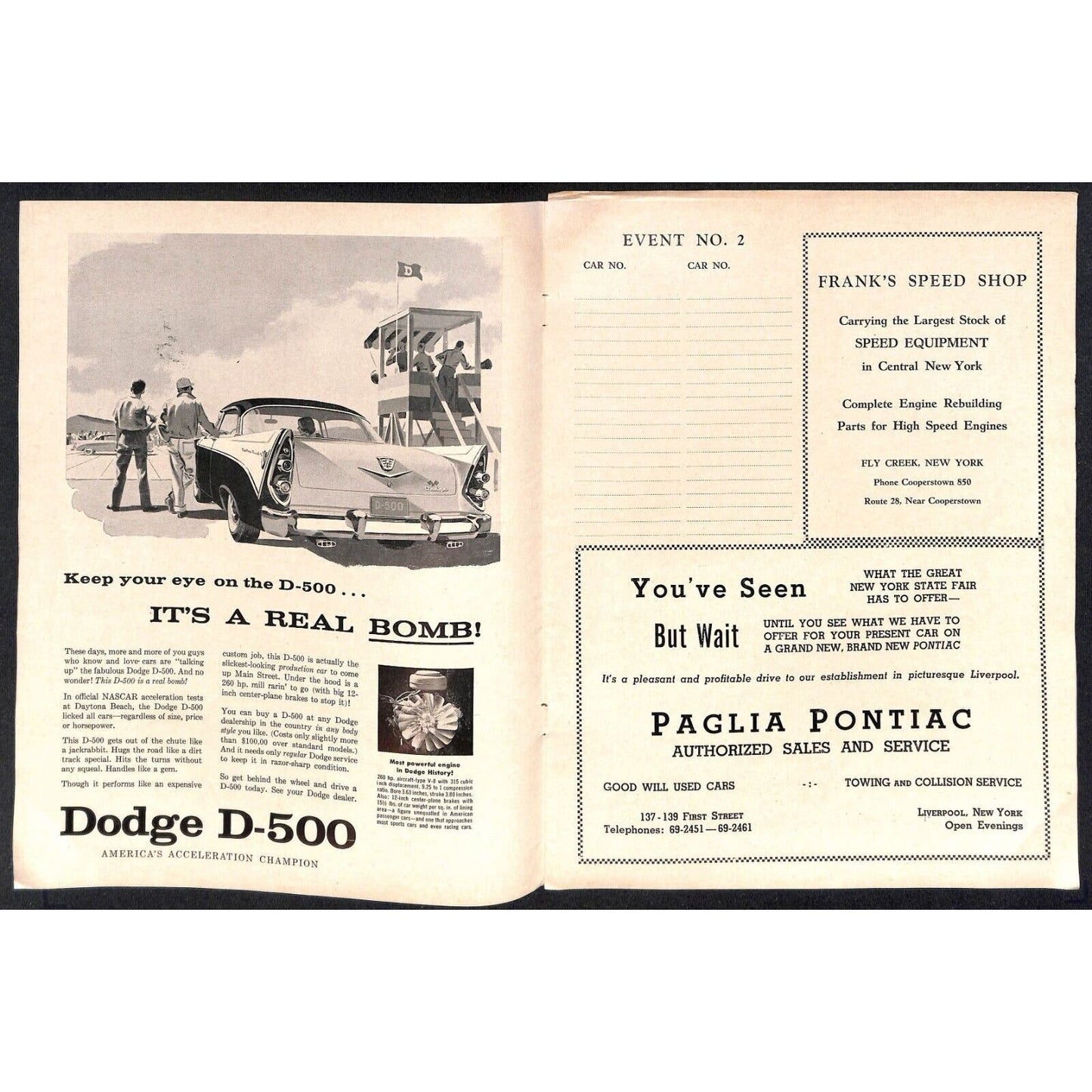 New York State Fair Auto Racing Program Stock Car Sept. 1956 24pp Scarce