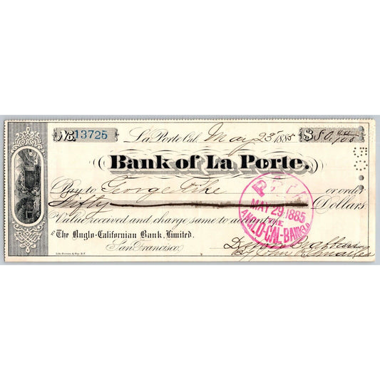 Bank of La Porte Check George Pike* 1885 Mining Vignette #13725