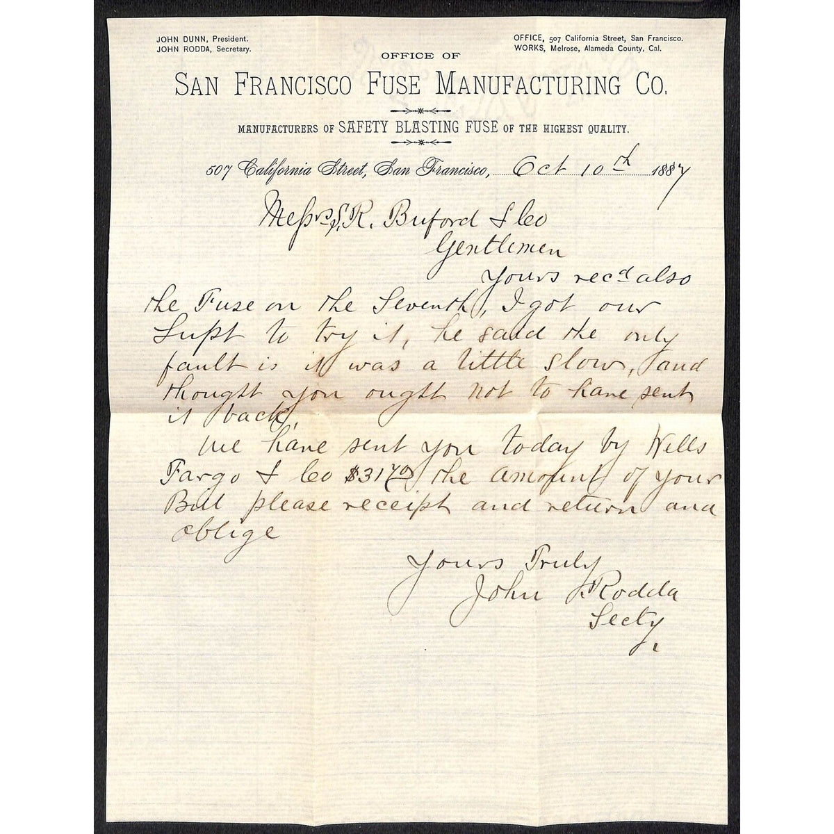 San Francisco Fuse Manufacturing Co. 1887 ALS Letterhead S.R. Buford* VGC Scarce