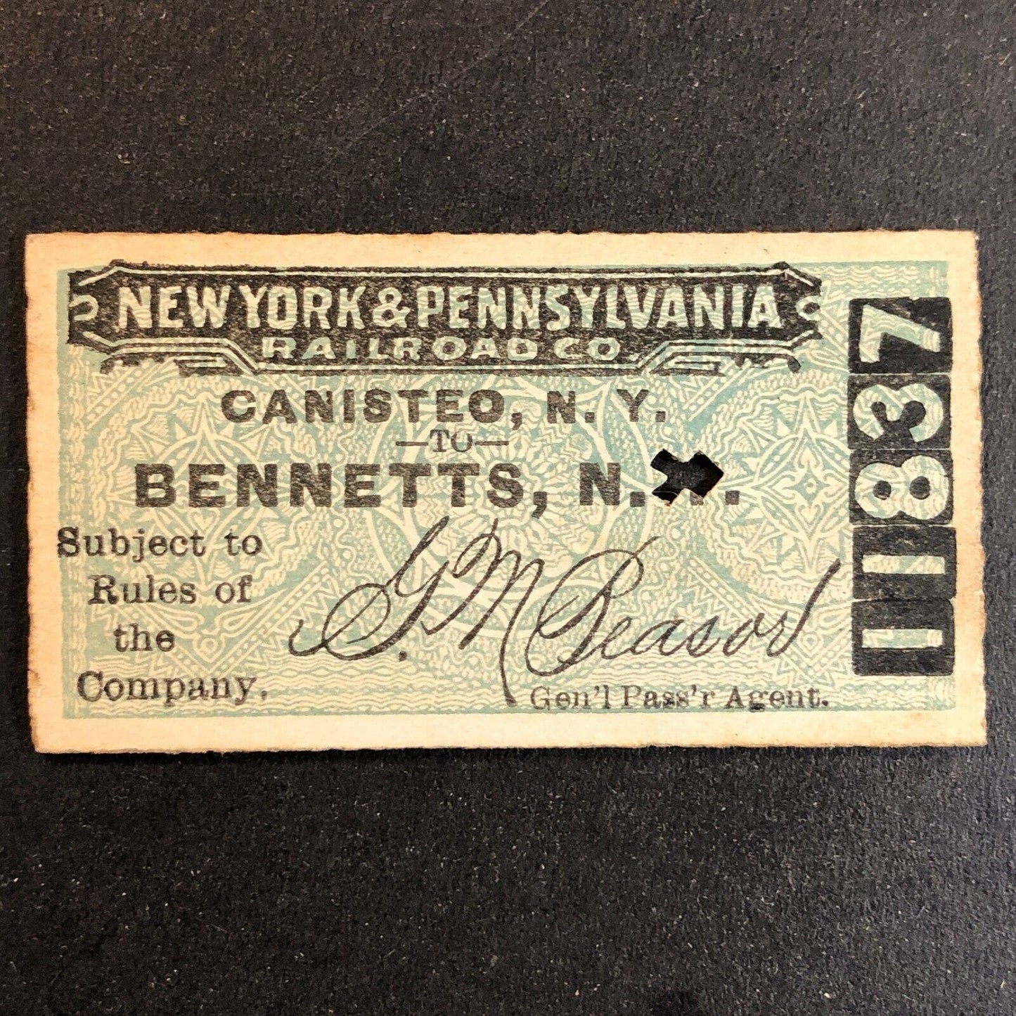 New York & Pennsylvania Railroad July 26 1917 Bennetts, NY Ticket #11837