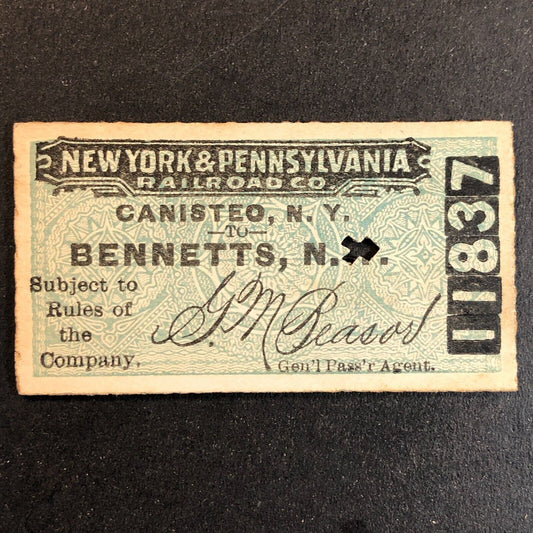 New York & Pennsylvania Railroad July 26 1917 Bennetts, NY Ticket #11837
