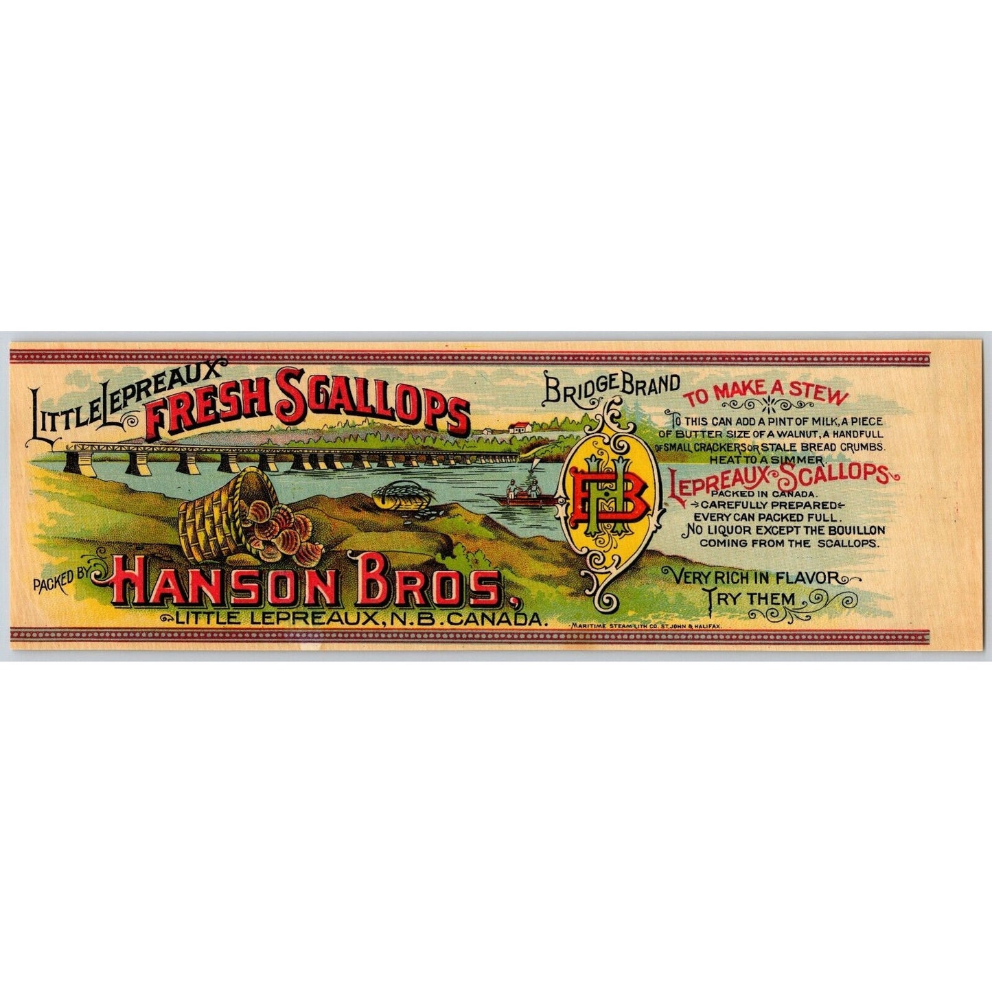 Hanson Bros. Bridge Brand Fresh Scallops Canadian Paper Can Label c1903 Scarce