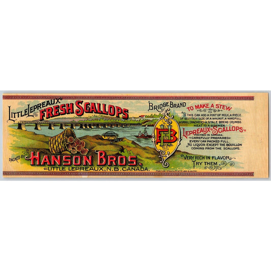 Hanson Bros. Bridge Brand Fresh Scallops Canadian Paper Can Label c1903 Scarce