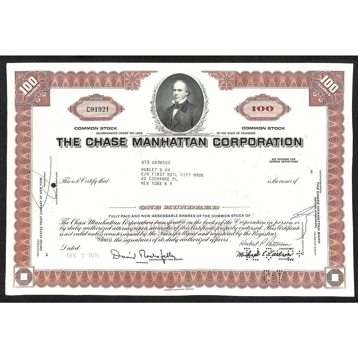 Chase Manhattan Corp 1970 Stock Certificate to Hurley & Co. - Early Logo*