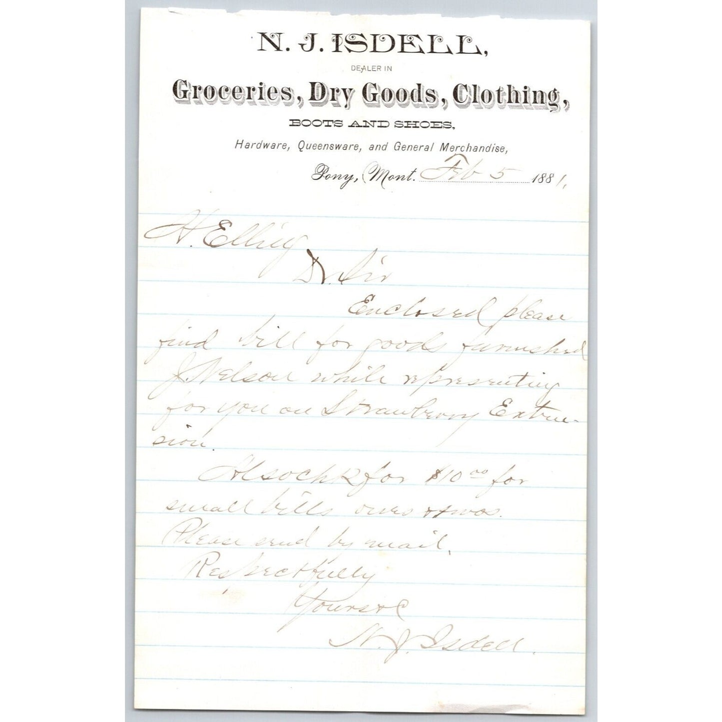N.J. Isdell Pony, MT Dry Goods 2/5 1881 Payment Advice Billhead Henry Elling*
