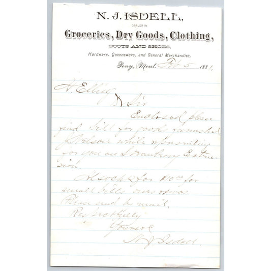 N.J. Isdell Pony, MT Dry Goods 2/5 1881 Payment Advice Billhead Henry Elling*