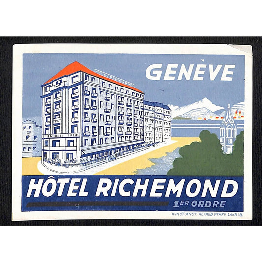 Hotel Richemond Geneve Luggage Label Original 3 1/4" x 4 1/2" c1950's