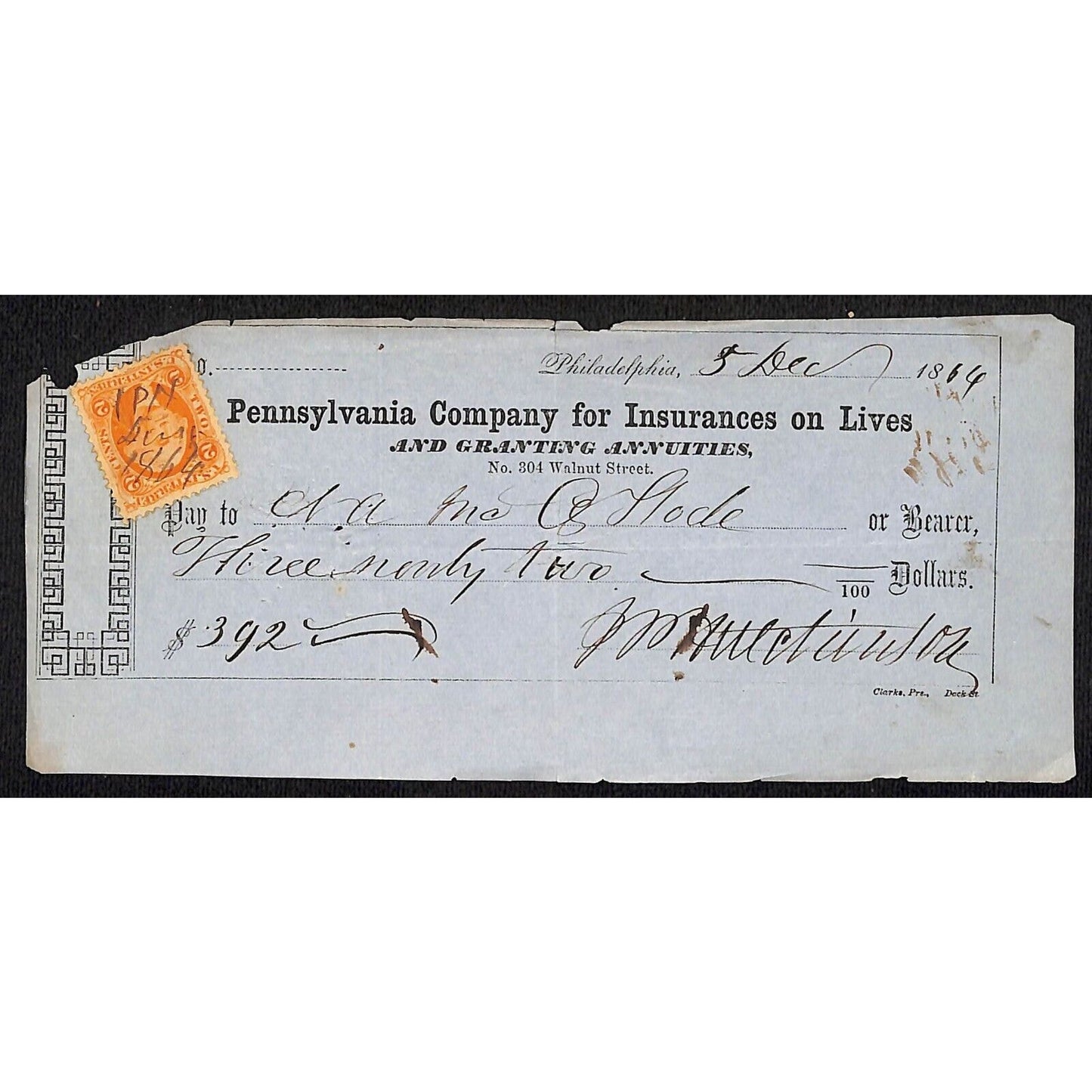 1864 Pennsylvania Company for Insurances on Lives w/ Rev Stamp $392