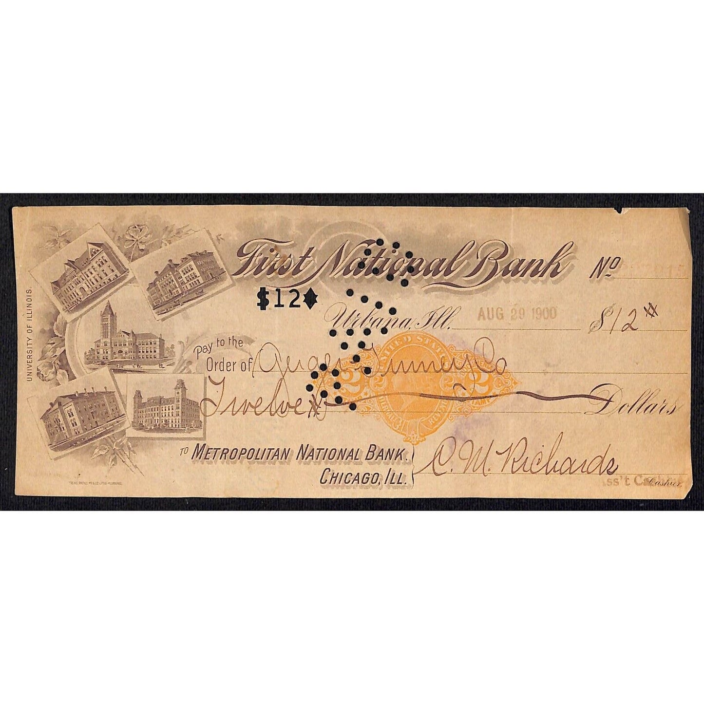 FNB Urbana, IL $12 1900 Bank Check Revenue Stamp w/ University Bldg. Vignettes