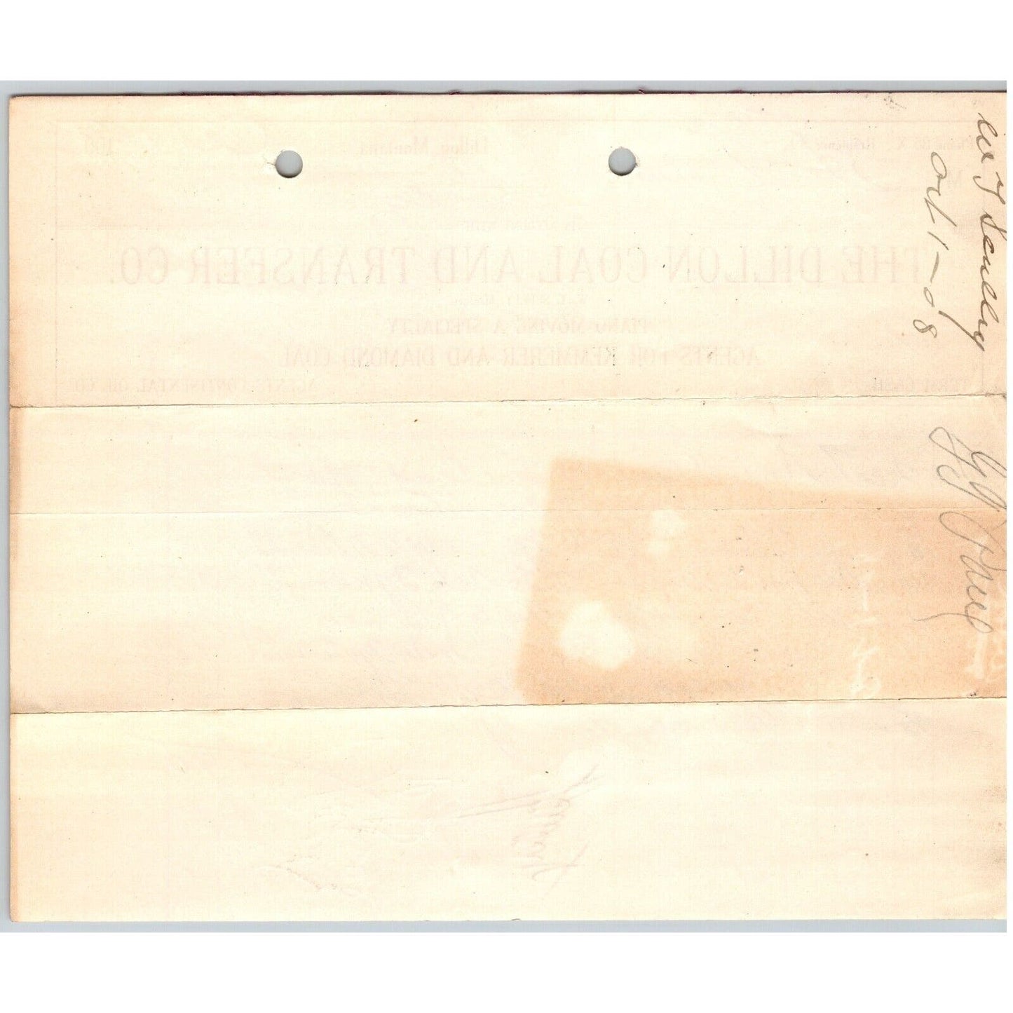Dillon, MT Dillon Coal and Transfer Co. "Piano Moving" 1908 Billhead G.T. Paul*