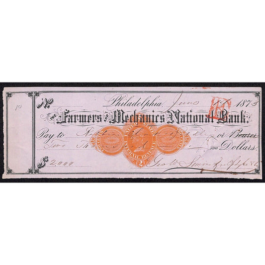 Farmers and Mechanics National Bank NYC 1873 Bank Check w/ Rev. Stamp