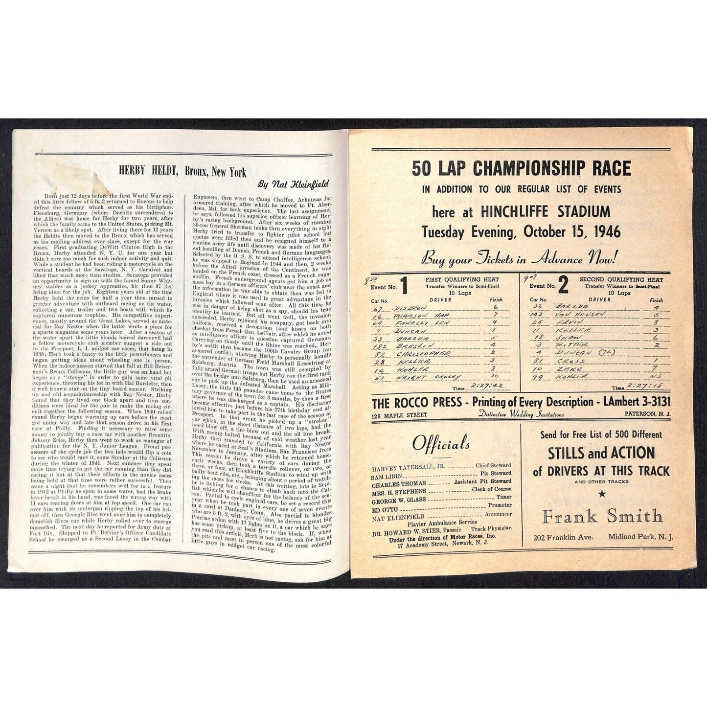 Hinchliffe Stadium Midget Auto Races 10/4/1946 Program Herby Heldt 4pp Scarce