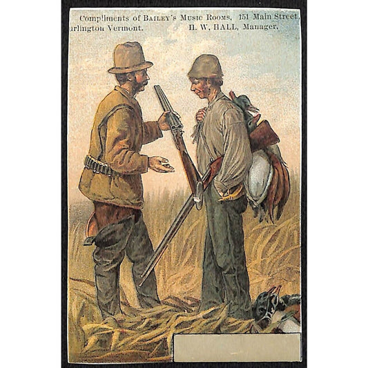 Bailey's Music Rooms Burlington, VT Victorian Trade Card 2 Bird Hunters Shotgun