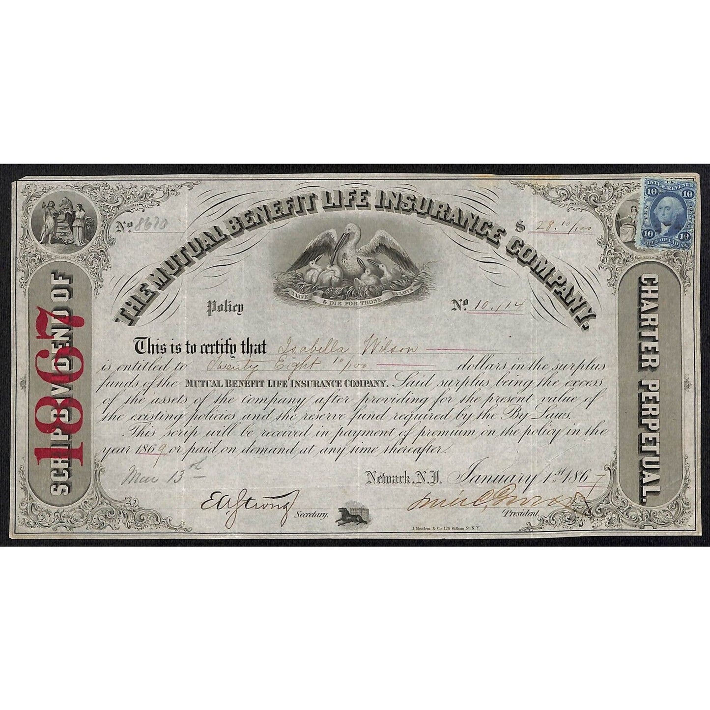 Mutual Benefit Life Insurance Co 1867 Dividend Certificate Isabella Wilson