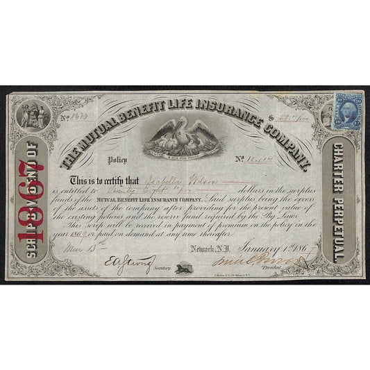 Mutual Benefit Life Insurance Co 1867 Dividend Certificate Isabella Wilson