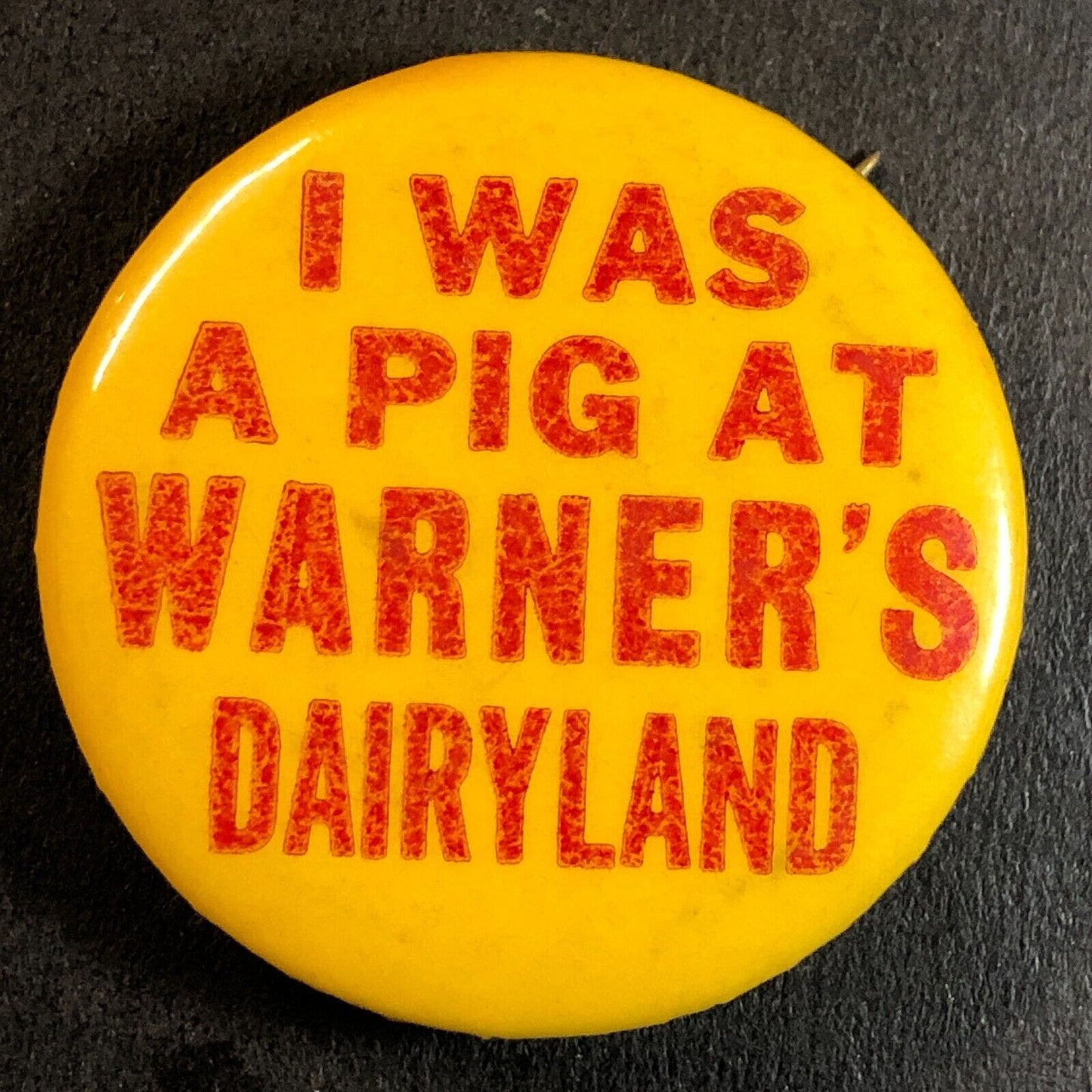 "I Was a Pig at Warner's Dairyland" Vintage c1960's Steel Pinback VGC Scarce