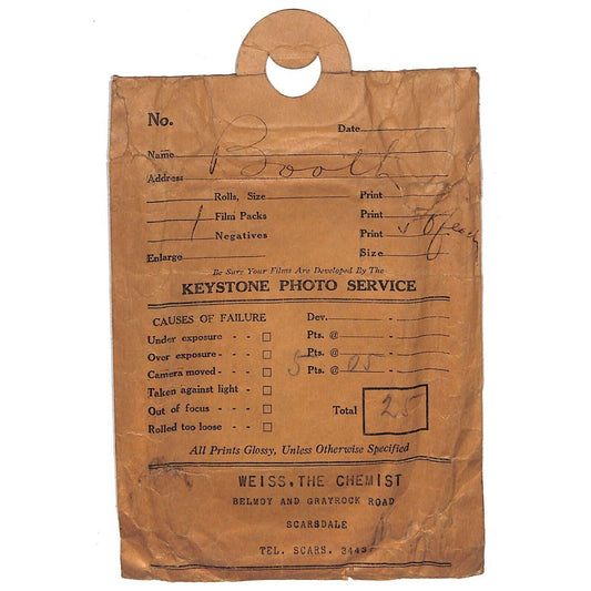 Keystone Photo Service / Weiss, The Chemist Scarsdale, NY Envelope c1930's