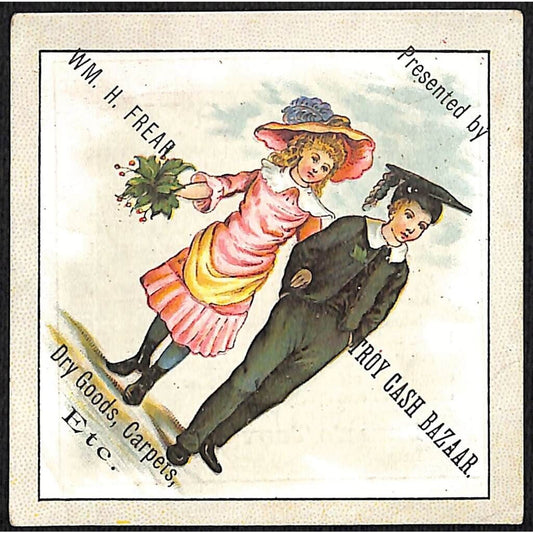 Frear's Troy Bazaar Dry Goods Victorian Trade Card Boy & Girl Graduating ?