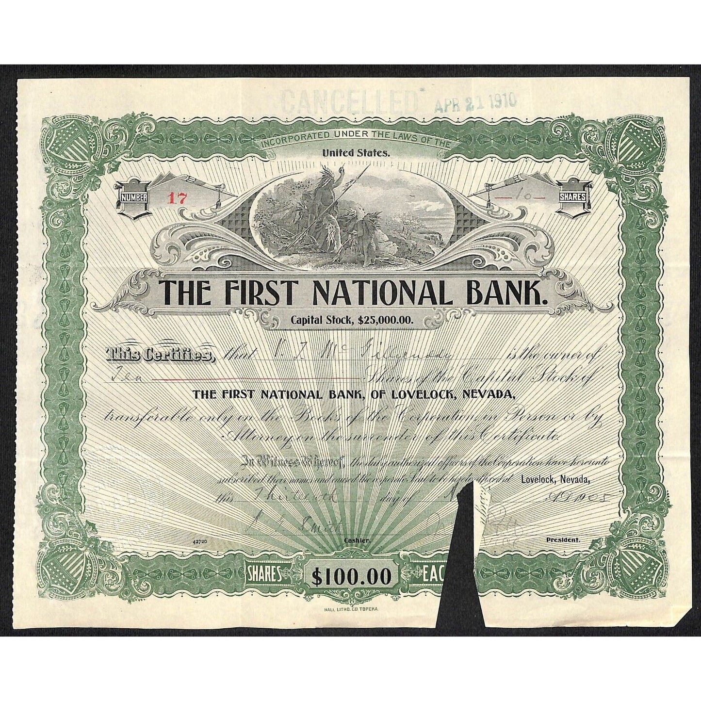 First National Bank of Lovelock, NV 1905 Stock Certificate to V.T. McGillycuddy