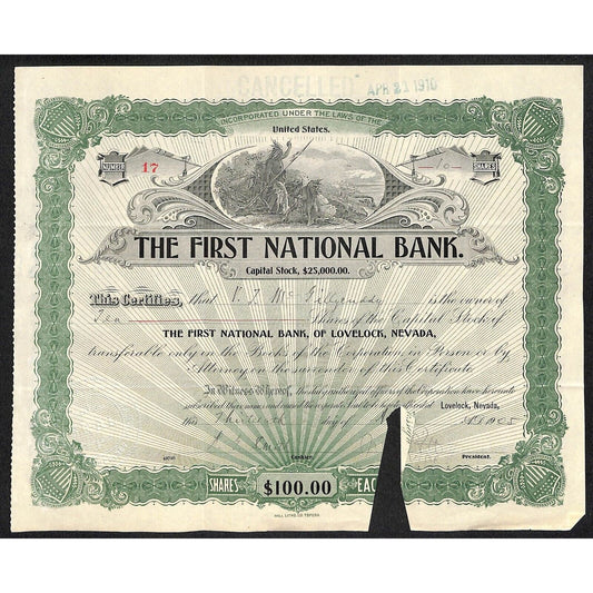 First National Bank of Lovelock, NV 1905 Stock Certificate to V.T. McGillycuddy