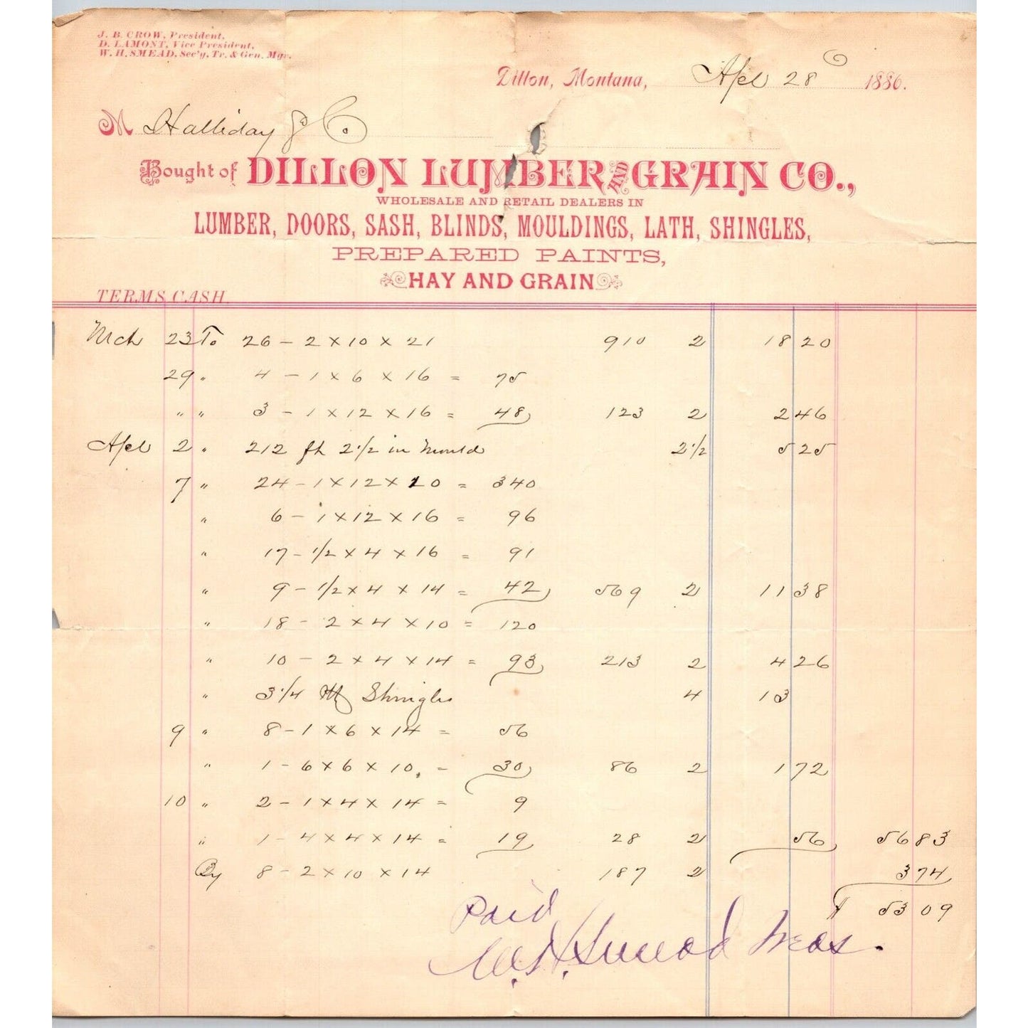 Dillon, MT Dillon Lumber & Grain Co. Doors Sash 1886 Billhead R.C. Halliday*
