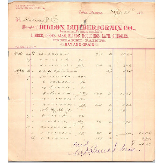 Dillon, MT Dillon Lumber & Grain Co. Doors Sash 1886 Billhead R.C. Halliday*