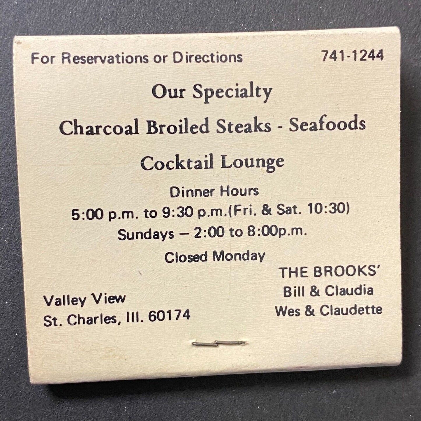 The Hideaway Restaurant St. Charles, IL Full Matchbook c1966-74 VGC