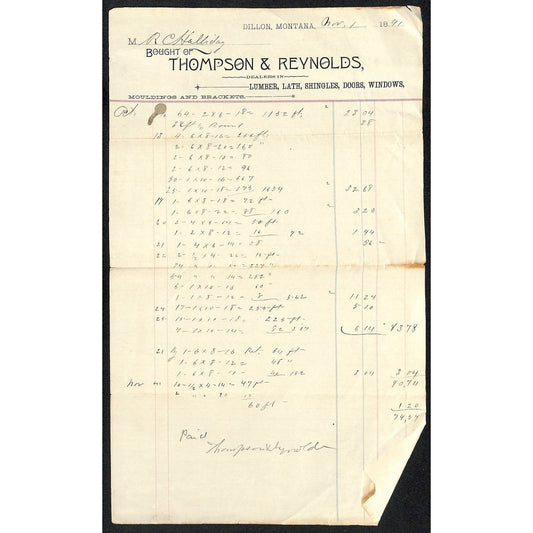 Dillon, MT Thompson & Reynolds Lumber Windows 1891 Billhead R.C. Halliday*