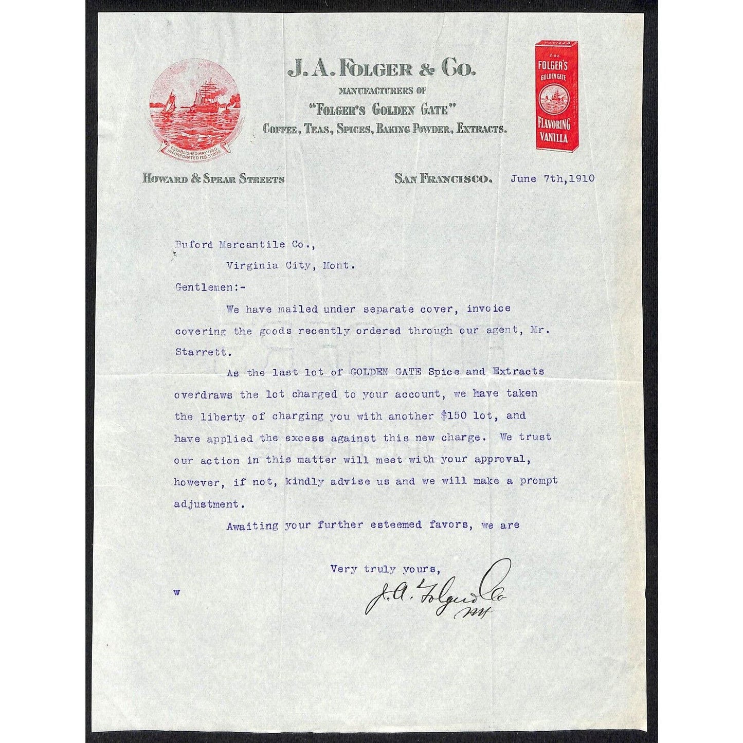 J. A. Folger Coffee 1910 Letterhead to Buford* re: Golden Gate Spice and Extract
