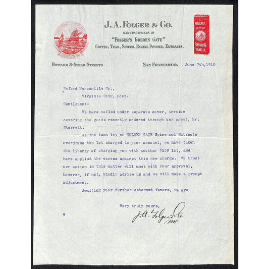 J. A. Folger Coffee 1910 Letterhead to Buford* re: Golden Gate Spice and Extract