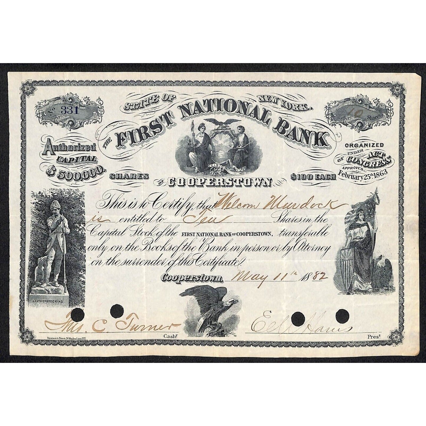 First National Bank of Cooperstown 1882 Stock Certificate Malcom Murdock