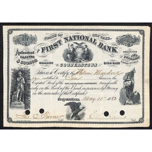 First National Bank of Cooperstown 1882 Stock Certificate Malcom Murdock