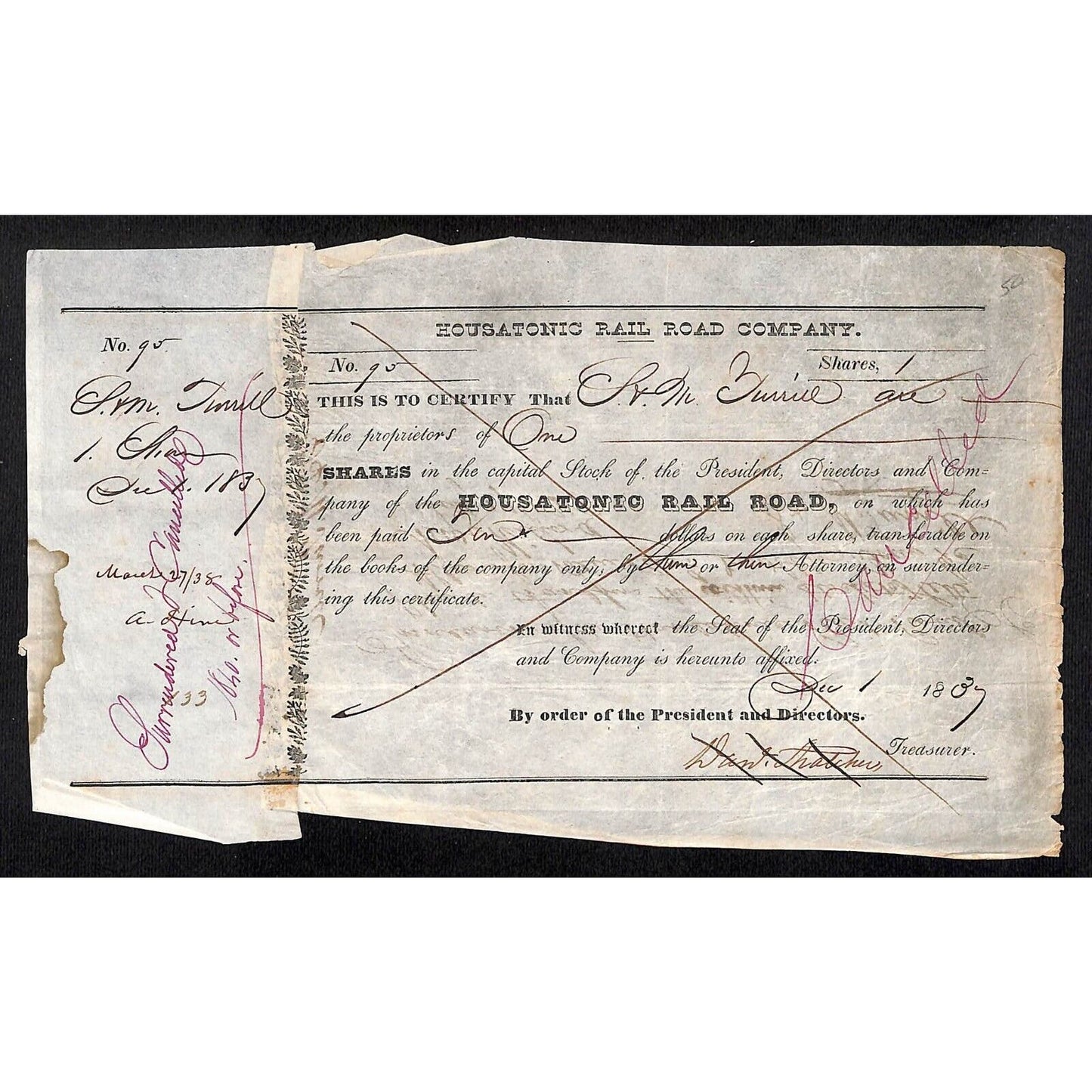 Housatonic Rail Road (CT) 1837 Stock Certificate Samuel Turrill ? #95