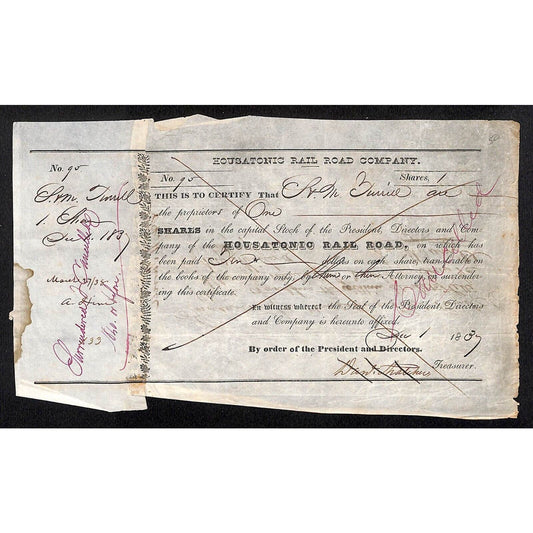 Housatonic Rail Road (CT) 1837 Stock Certificate Samuel Turrill ? #95
