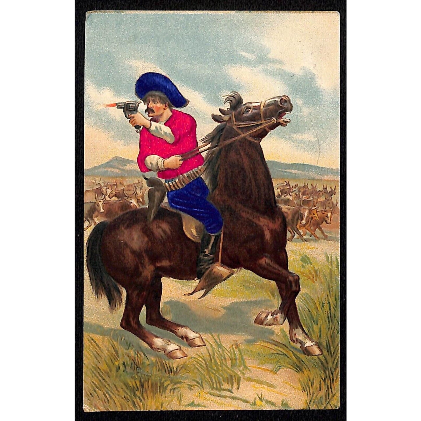 Cowboy on Horse Aims Pistol Embossed w/ Applied Silk Clothes c1907 Postcard (#6)